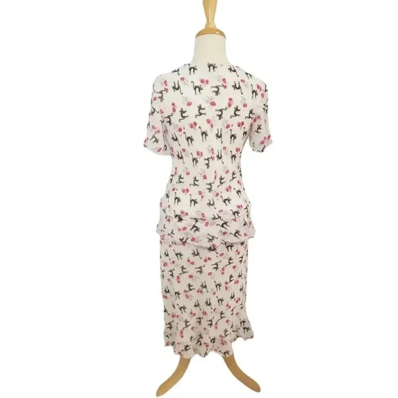 {Chelsea & Violet} 100% Silk Red Roses With Black Cats Print Top and Skirt - Picture 9 of 15